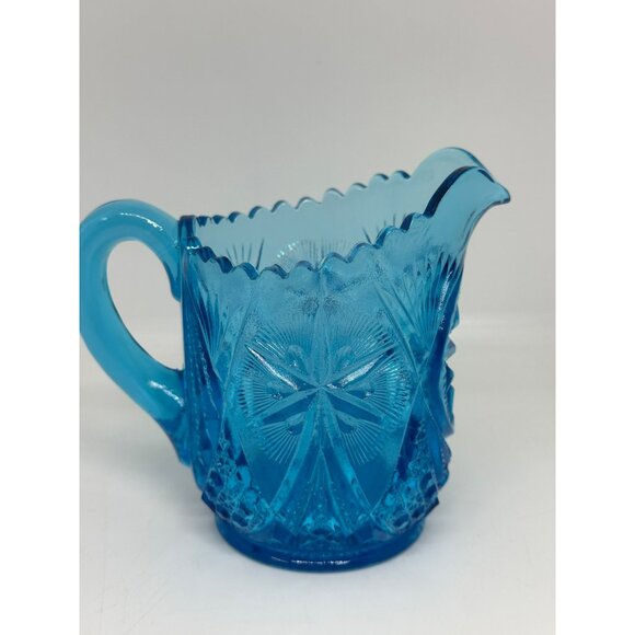 VTG Kemple Glass Yutec Fan & Star Blue Creamer Pitcher Sawtooth Edge MCM - Picture 2 of 8